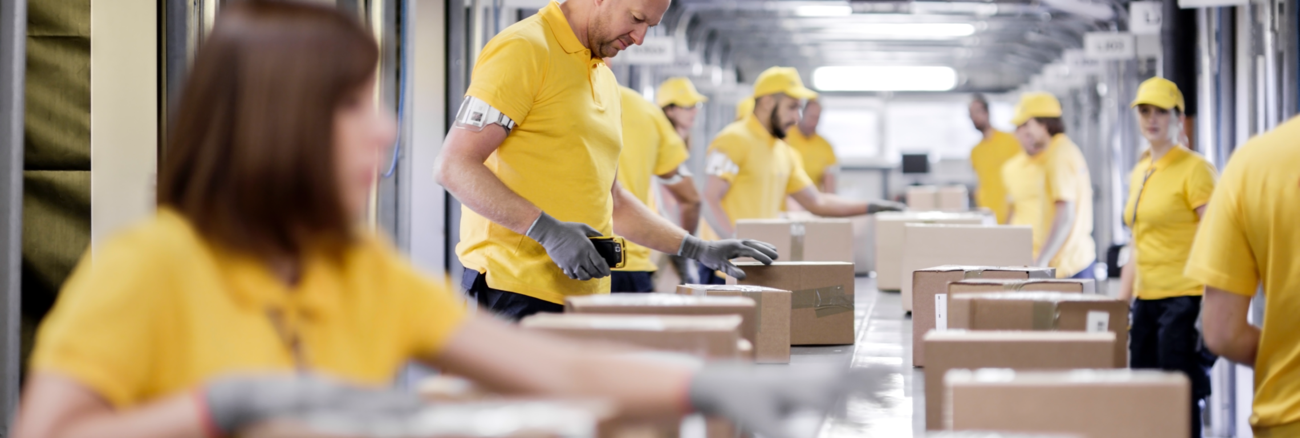 Arbeiter:innen in einem Logistikunternehmen verpacken an einem Fließband Pakete @ iStock/simonkr